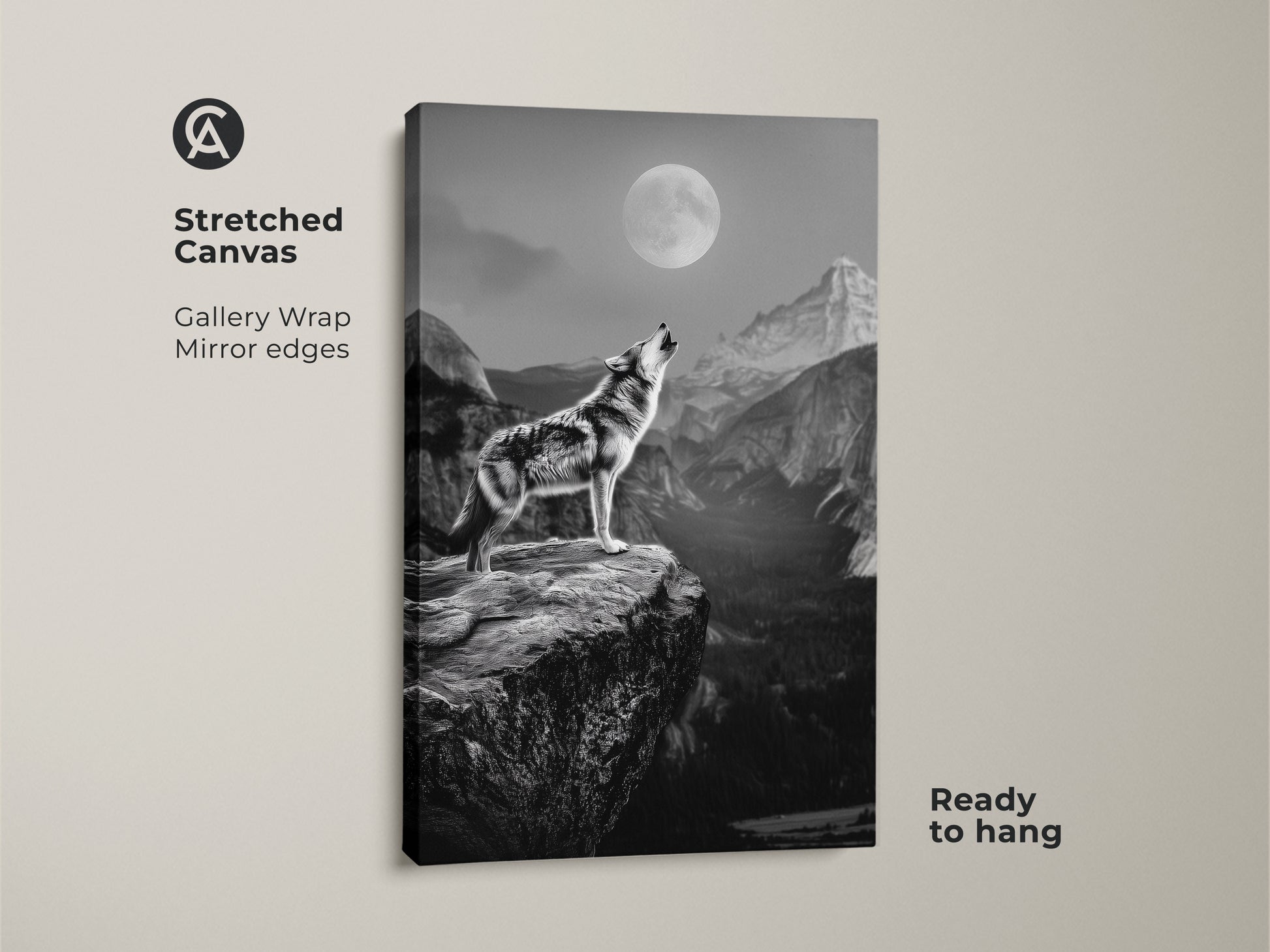 Monochrome wolf canvas art featuring a lone wolf howling at the moon. This stretched canvas with gallery wrap and mirror edges is ready to hang. It showcases a rustic wildlife wall art perfect for wolf lovers. The animal landscape print brings nature indoors. Add this rugged landscape art to your coastal rustic decor.