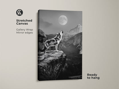 Monochrome wolf canvas art featuring a lone wolf howling at the moon. This stretched canvas with gallery wrap and mirror edges is ready to hang. It showcases a rustic wildlife wall art perfect for wolf lovers. The animal landscape print brings nature indoors. Add this rugged landscape art to your coastal rustic decor.
