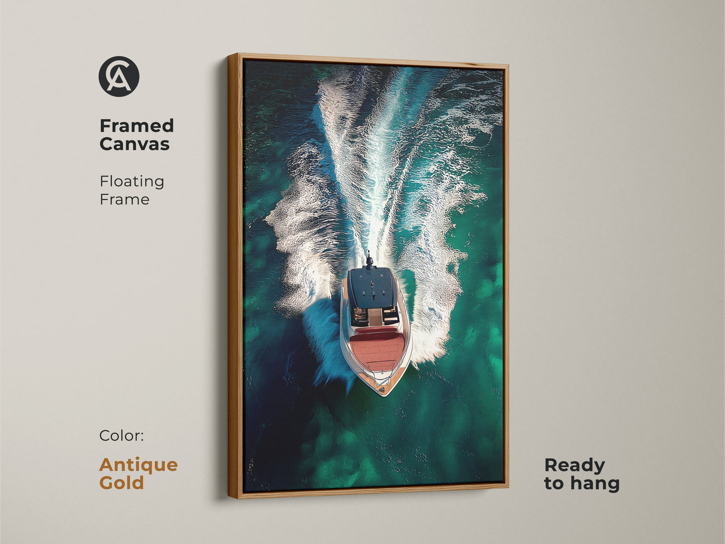Framed canvas showcasing aerial speedboat artwork with an antique gold floating frame. The emerald green ocean wall art highlights turquoise waters. Ready to hang this contemporary nautical art is ideal office wall decor.