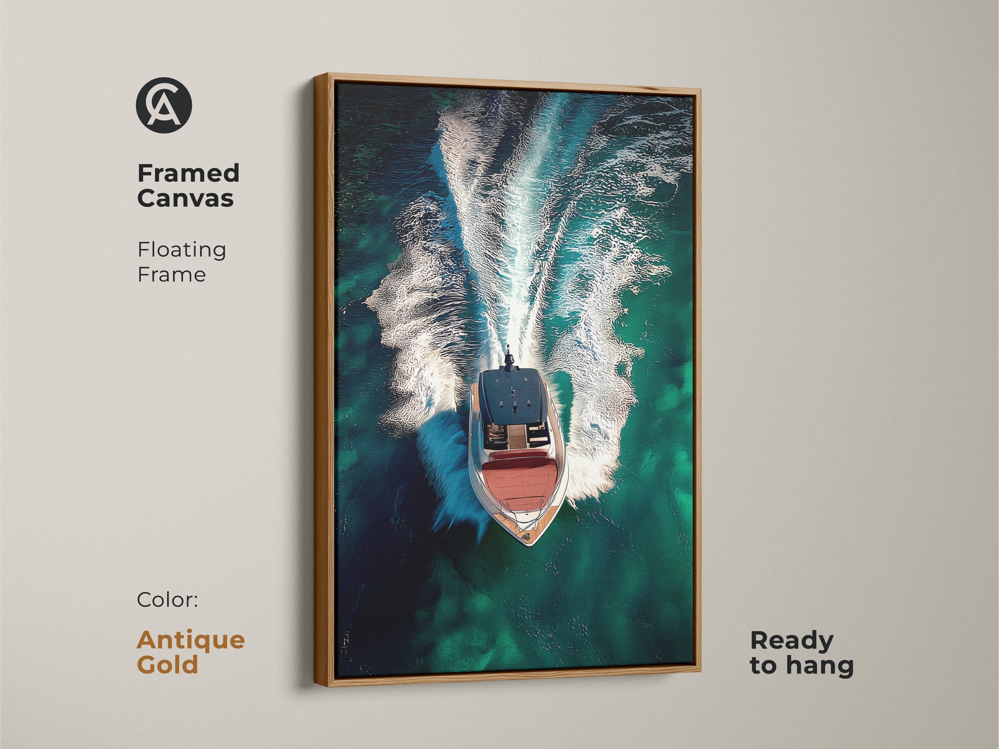 Framed canvas showcasing aerial speedboat artwork with an antique gold floating frame. The emerald green ocean wall art highlights turquoise waters. Ready to hang this contemporary nautical art is ideal office wall decor.