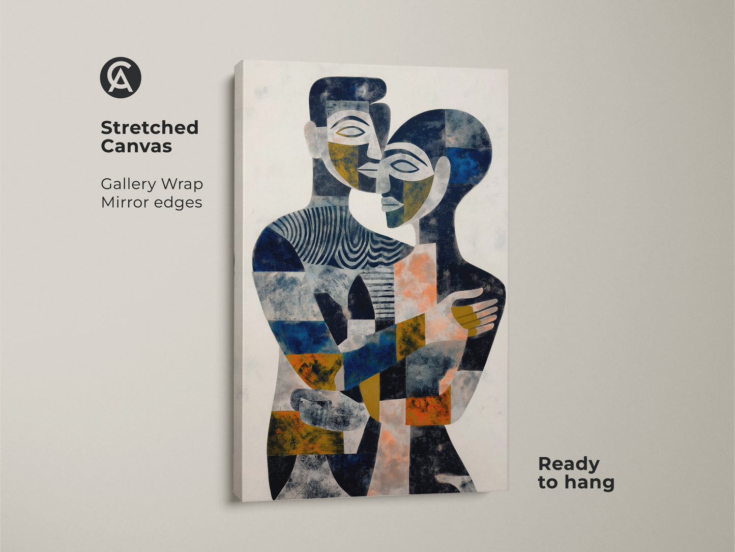 Elevate your space with this navy gold blue canvas print. This abstract couple artwork is a contemporary figurative art piece. Ideal for a modern living room or bedroom. The geometric abstract art features a couple embrace. It's a beautiful blue gold accent wall art and a unique couple anniversary gift.