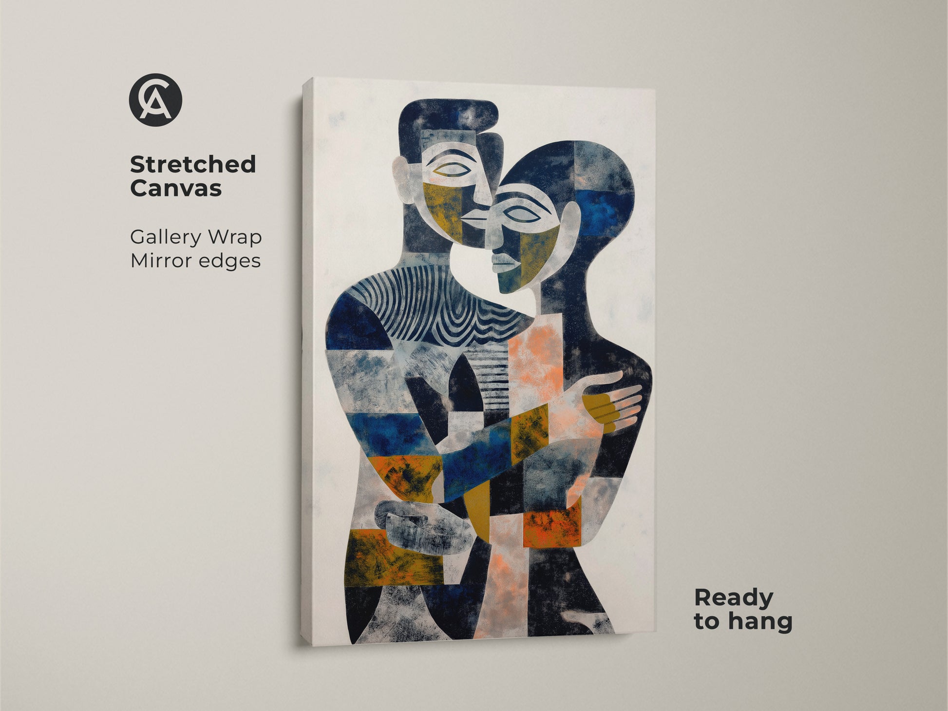Elevate your space with this navy gold blue canvas print. This abstract couple artwork is a contemporary figurative art piece. Ideal for a modern living room or bedroom. The geometric abstract art features a couple embrace. It's a beautiful blue gold accent wall art and a unique couple anniversary gift.