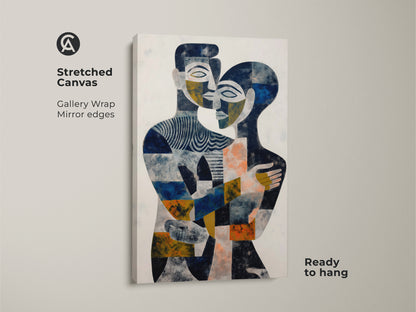 Elevate your space with this navy gold blue canvas print. This abstract couple artwork is a contemporary figurative art piece. Ideal for a modern living room or bedroom. The geometric abstract art features a couple embrace. It's a beautiful blue gold accent wall art and a unique couple anniversary gift.