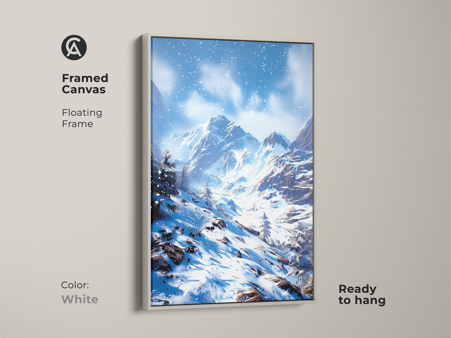 White framed canvas of winter mountain landscape art. This snowy mountain range print has a floating frame. Ready to hang blue and white artwork. A rustic gift for skiing and snowboarding enthusiasts bedroom.