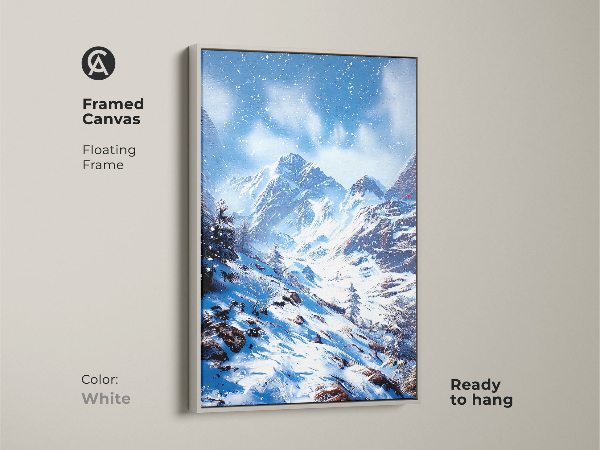 White framed canvas of winter mountain landscape art. This snowy mountain range print has a floating frame. Ready to hang blue and white artwork. A rustic gift for skiing and snowboarding enthusiasts bedroom.