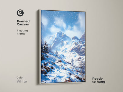 White framed canvas of winter mountain landscape art. This snowy mountain range print has a floating frame. Ready to hang blue and white artwork. A rustic gift for skiing and snowboarding enthusiasts bedroom.