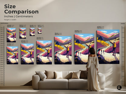 Size comparison of mountain landscape art prints in inches and centimeters. From 16x24 to 45x67 inches find the ideal size for your space. Modern folk art adds a colorful touch to any room. The artwork is perfect for living room landscape art.