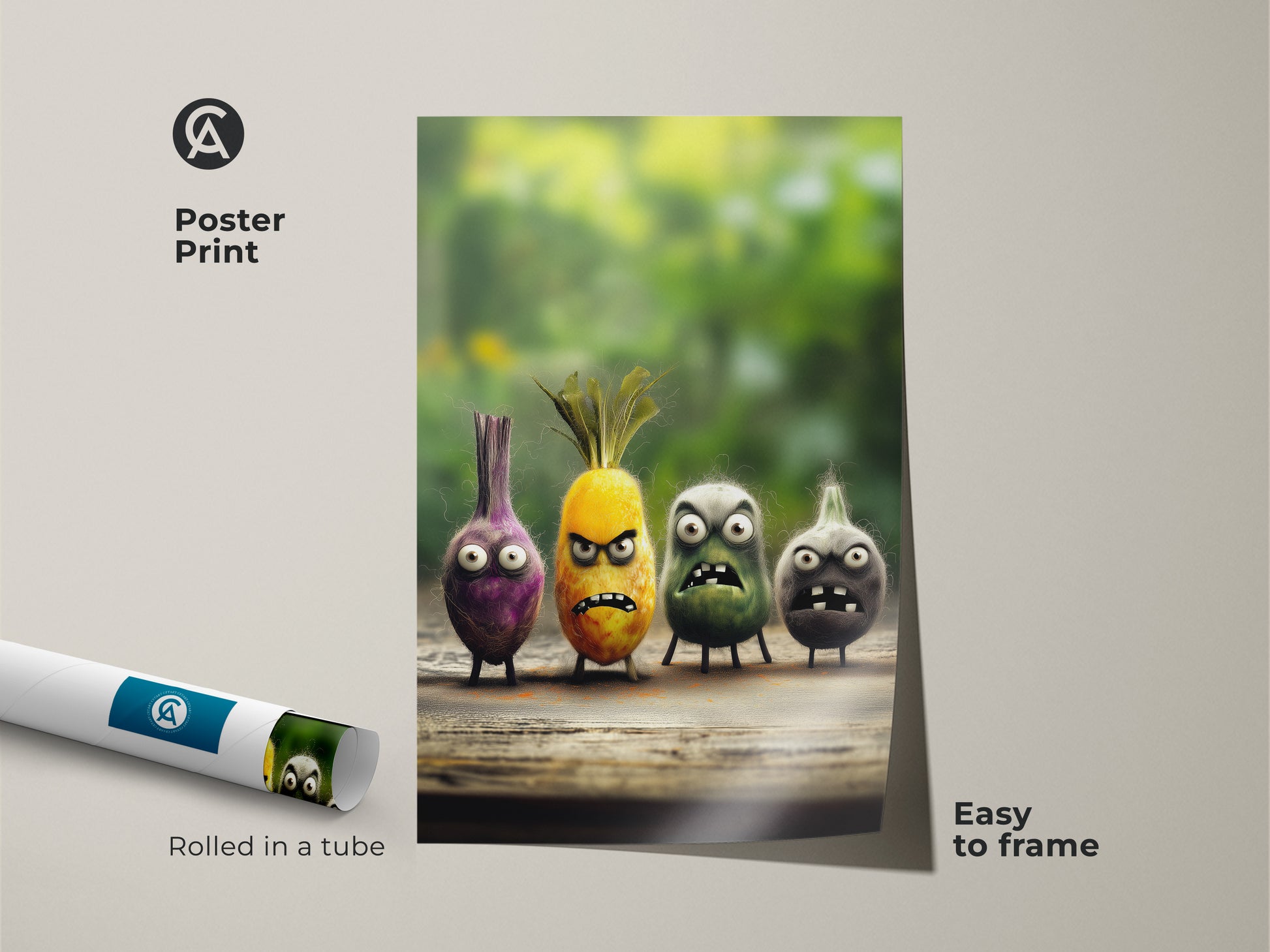 Poster print featuring funny food character art. This cartoon onion and pineapple art adds charm. It is quirky kitchen wall decor for any home. A humorous vegetable artwork that is easy to frame.