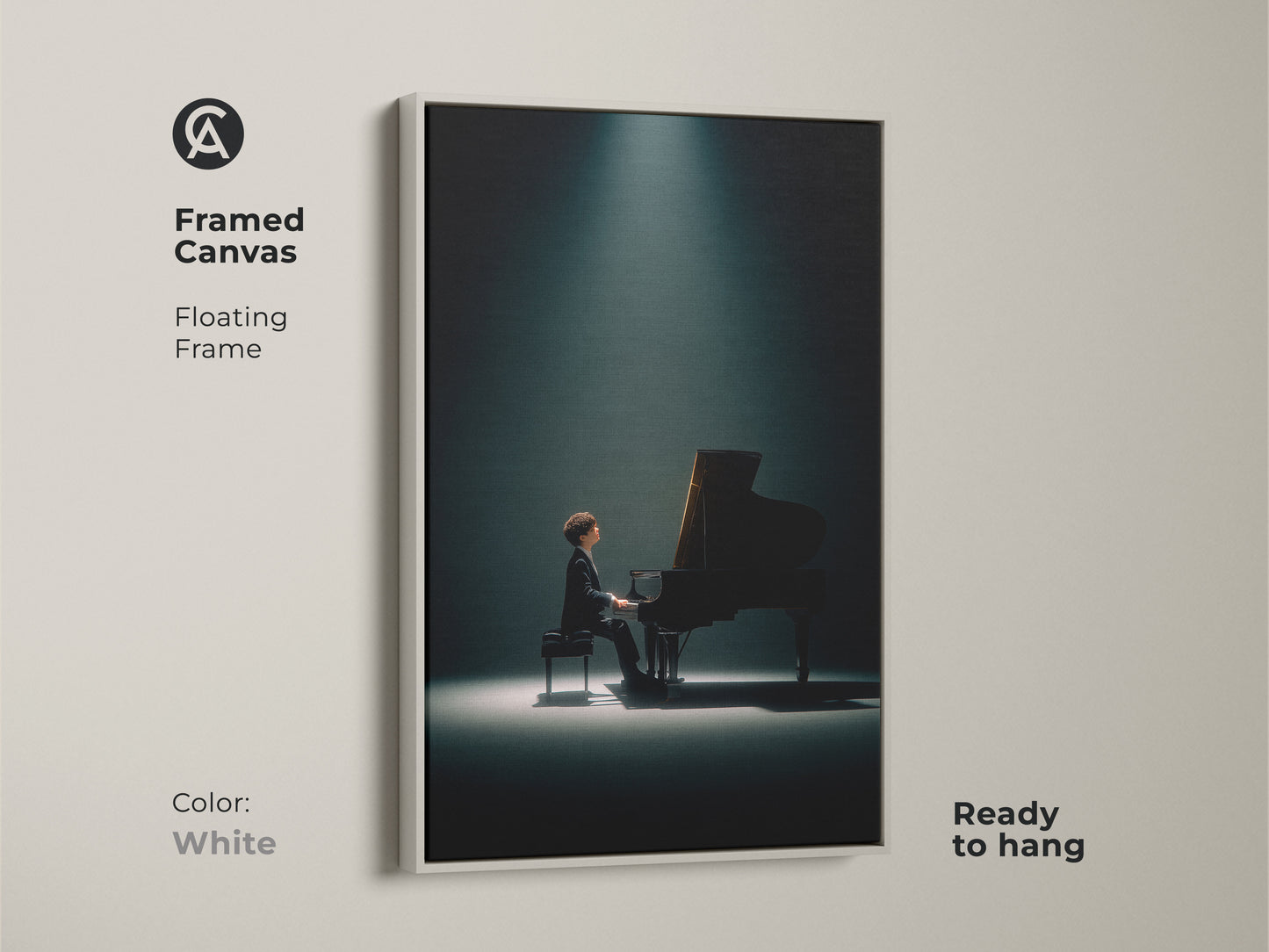 Framed canvas print featuring a pianist in a spotlight. The clean white floating frame offers a modern aesthetic. This ready-to-hang piano artwork will brighten any space. Shop our selection of framed canvas prints.
