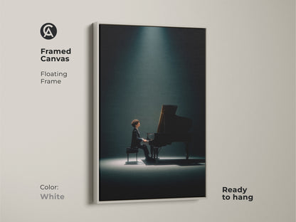 Framed canvas print featuring a pianist in a spotlight. The clean white floating frame offers a modern aesthetic. This ready-to-hang piano artwork will brighten any space. Shop our selection of framed canvas prints.