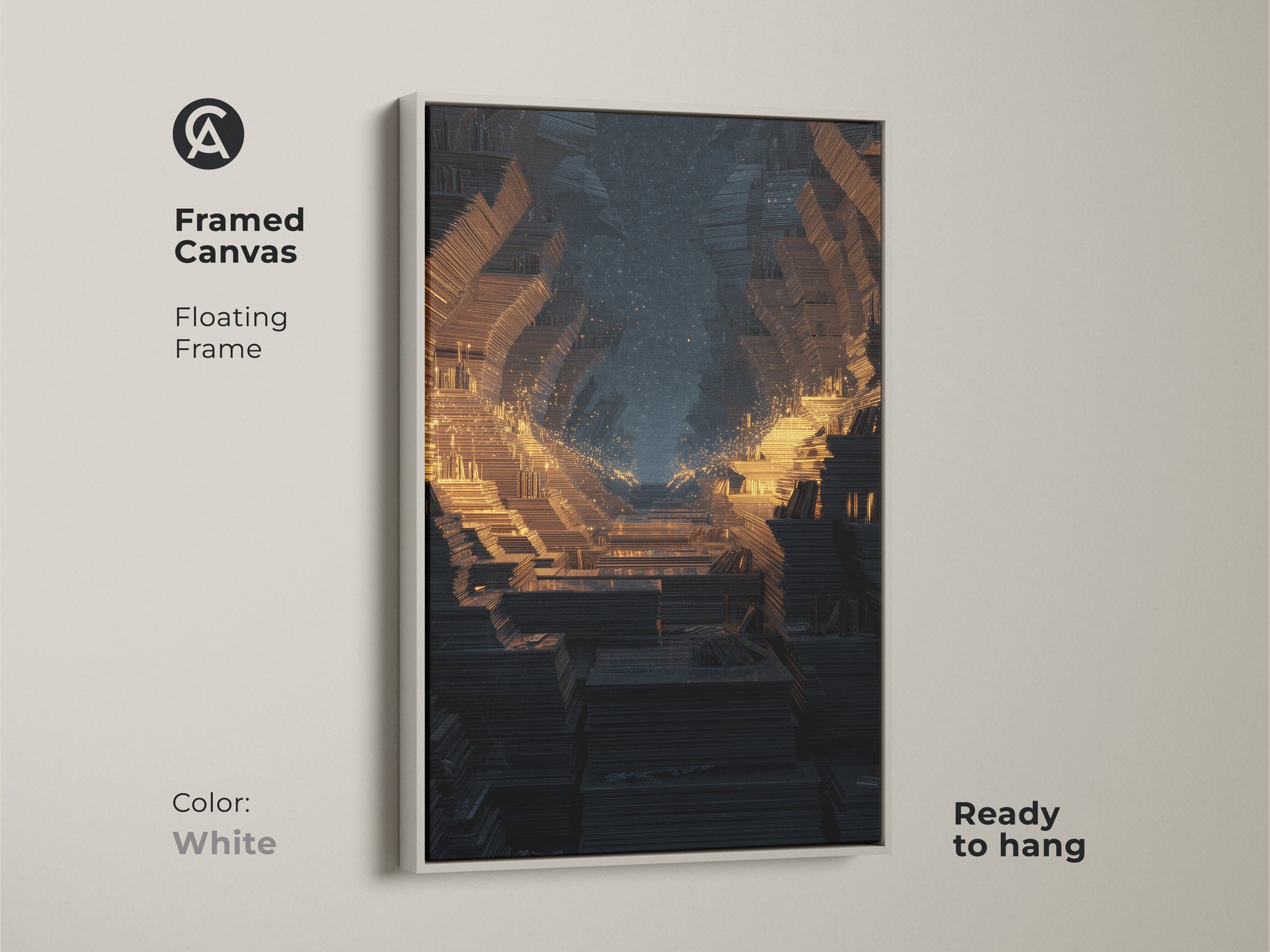 Framed canvas with a floating frame in white exhibiting abstract fractal tunnel art. This modern abstract artwork is a unique sci-fi art gift. The orange tunnel wall hanging adds a touch of cosmic wonder.