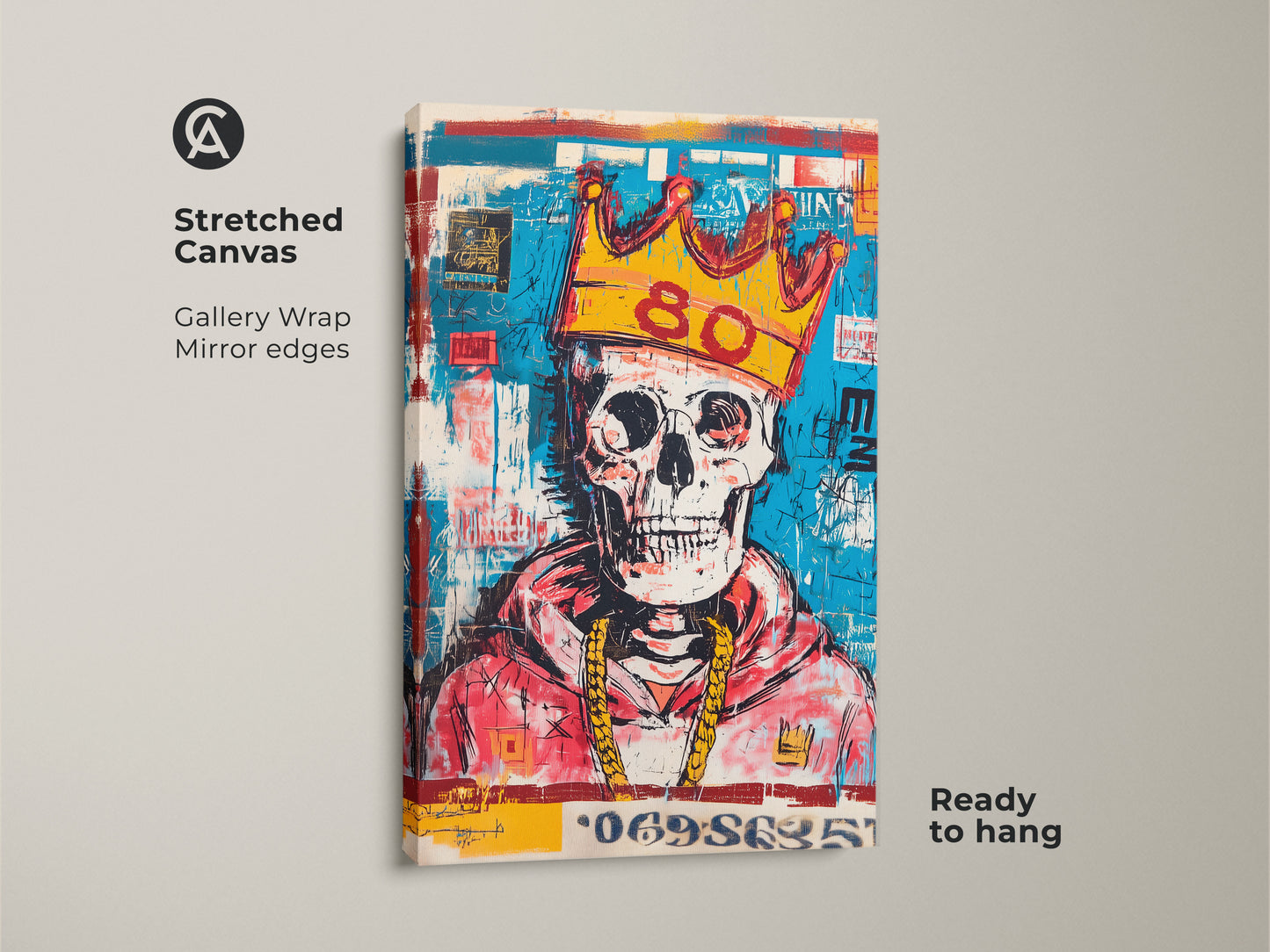 Stretched canvas print featuring a skull with a gold crown and gold chain. The art has blue and red colors. The canvas has mirror edges and is ready to hang. Buy this art for your home today.