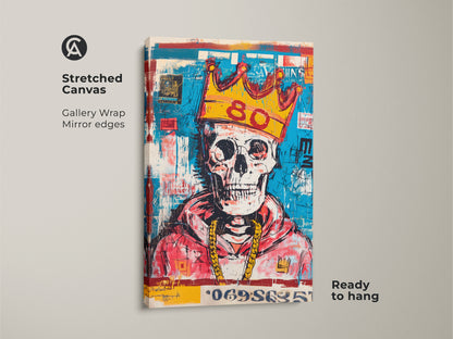 Stretched canvas print featuring a skull with a gold crown and gold chain. The art has blue and red colors. The canvas has mirror edges and is ready to hang. Buy this art for your home today.