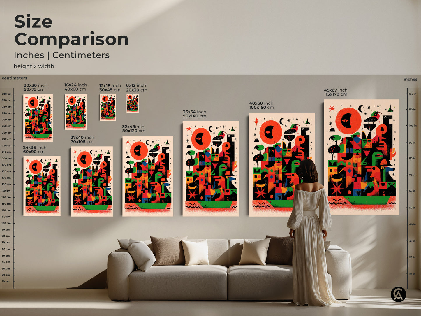 Size comparison of abstract geometric bird artwork in inches and centimeters. See how various sizes fit above a sofa. This mid-century modern folk art print is perfect for adding an eclectic touch to your living room. The red orange and green tones bring vibrant energy to any space. A unique housewarming gift.
