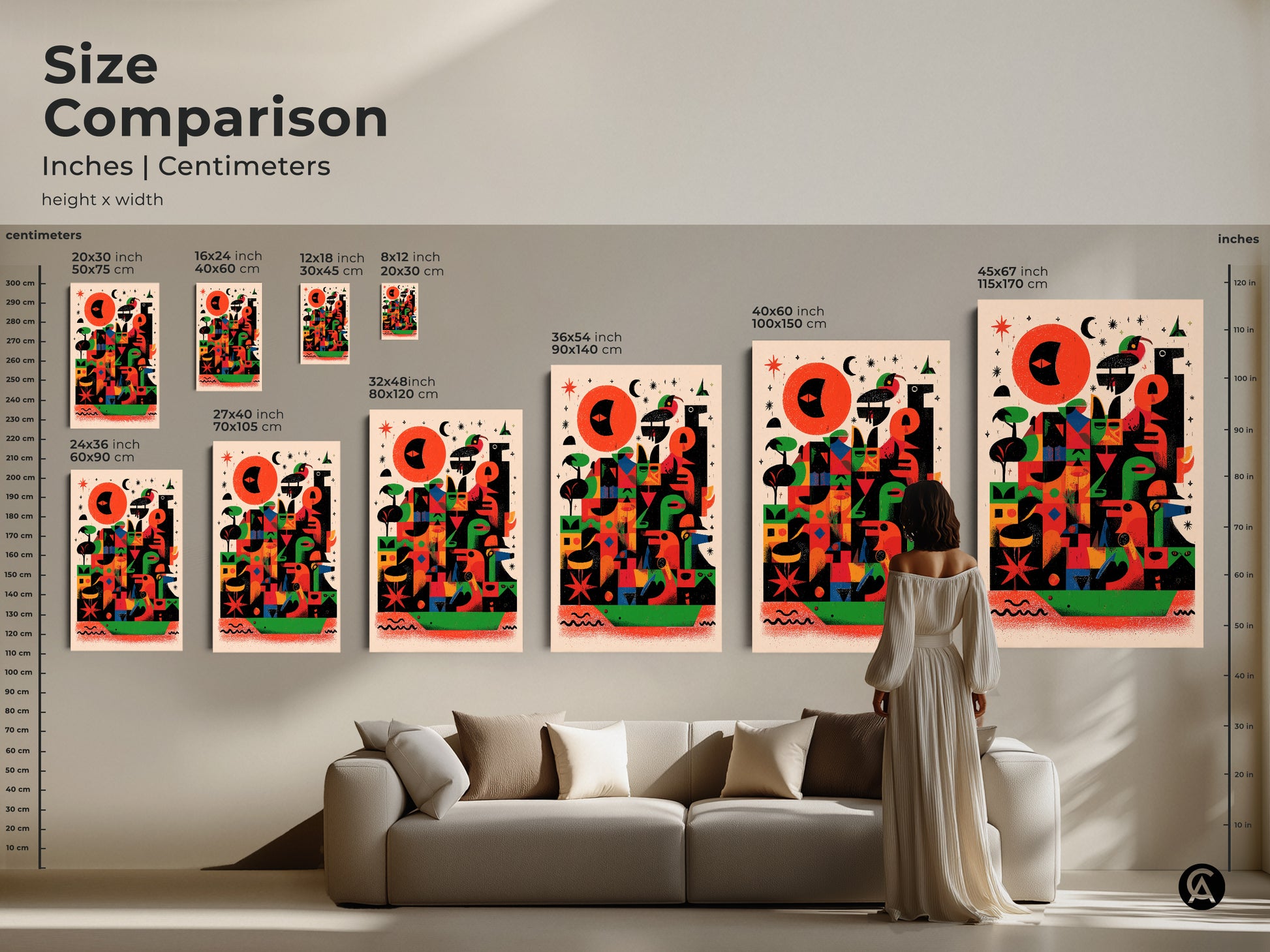 Size comparison of abstract geometric bird artwork in inches and centimeters. See how various sizes fit above a sofa. This mid-century modern folk art print is perfect for adding an eclectic touch to your living room. The red orange and green tones bring vibrant energy to any space. A unique housewarming gift.