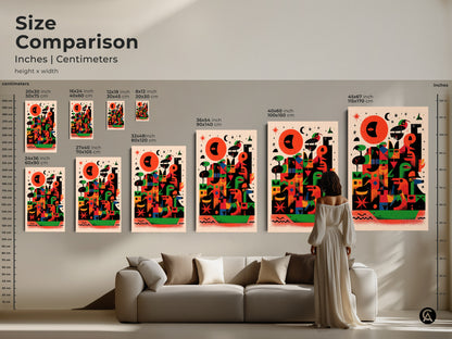 Size comparison of abstract geometric bird artwork in inches and centimeters. See how various sizes fit above a sofa. This mid-century modern folk art print is perfect for adding an eclectic touch to your living room. The red orange and green tones bring vibrant energy to any space. A unique housewarming gift.