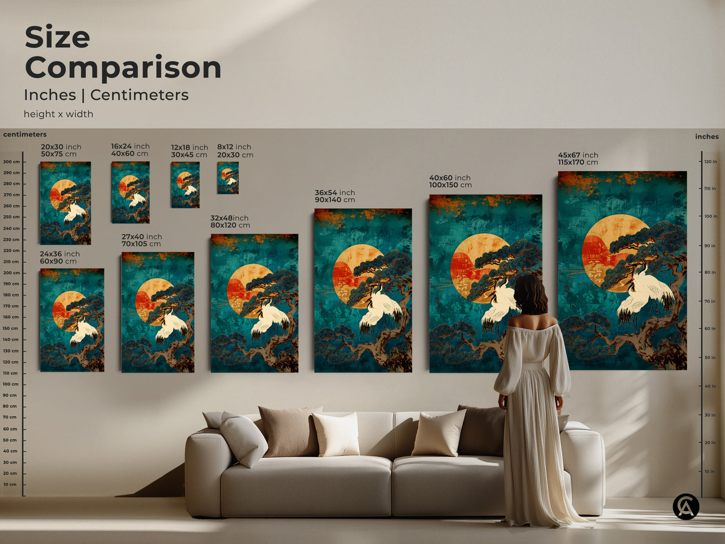 Size comparison of Japandi Teal Cranes and Pine Tree artwork in various dimensions displayed above a sofa. See how this Japanese sun art fits in your living space. Sizes range from small to large in both inches and centimeters. This zen ink artwork is perfect for creating a calming and oriental-inspired ambiance.