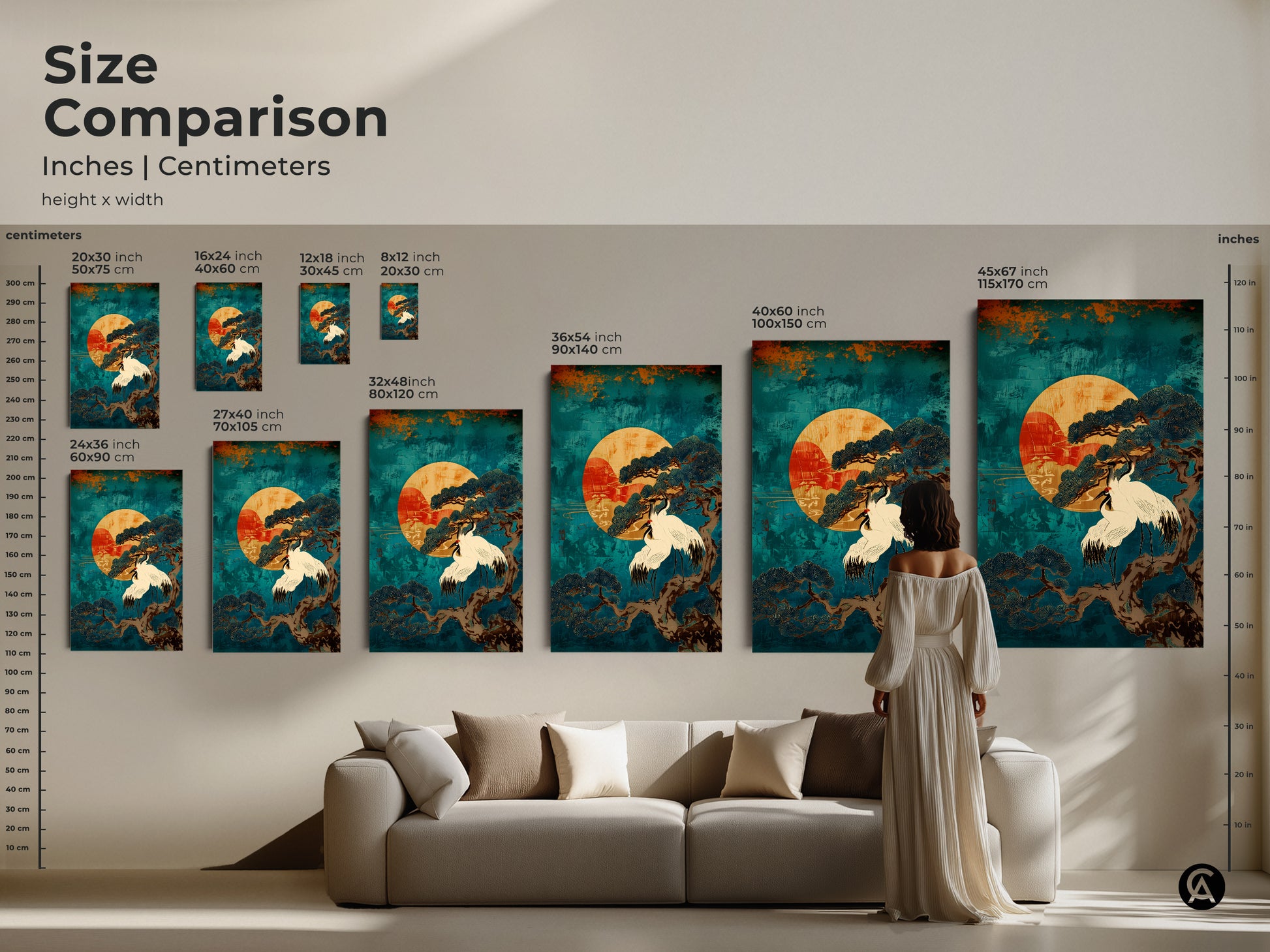 Size comparison of Japandi Teal Cranes and Pine Tree artwork in various dimensions displayed above a sofa. See how this Japanese sun art fits in your living space. Sizes range from small to large in both inches and centimeters. This zen ink artwork is perfect for creating a calming and oriental-inspired ambiance.