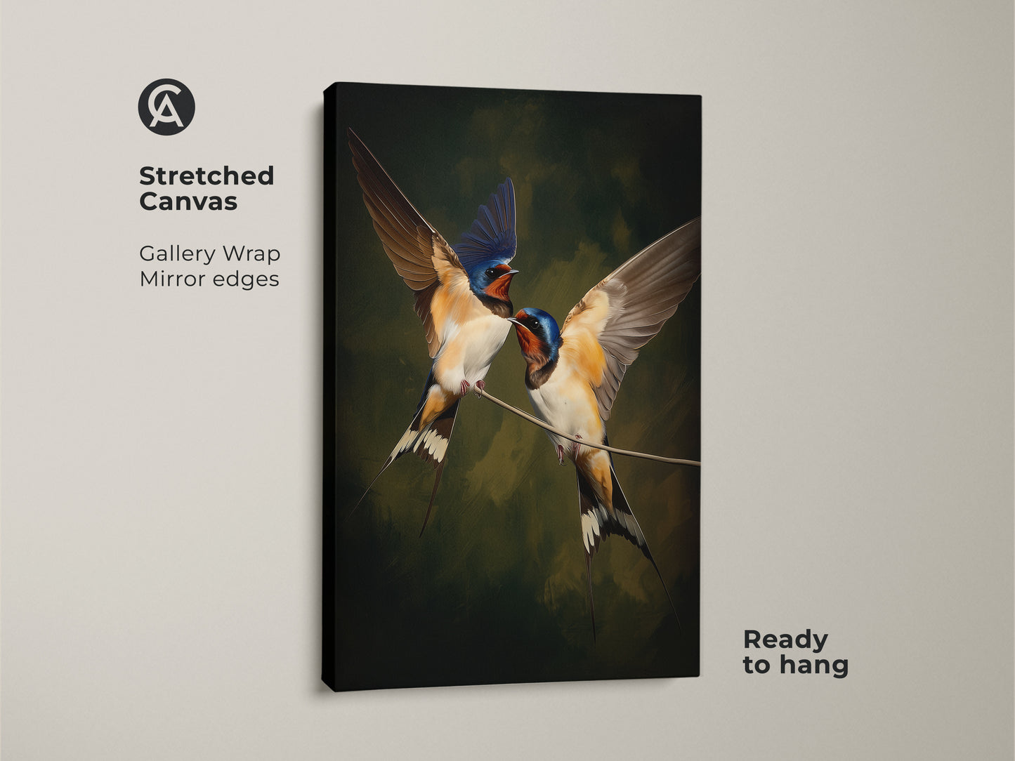 A stretched canvas gallery wrap print featuring realistic swallow bird art. This classical bird art adds nature to your walls. The brown blue and green canvas brings traditional home decor to life. Ready to hang wildlife artwork for sale. An animal art print gift for ornithology enthusiasts. Ideal housewarming gift art for bird lovers.