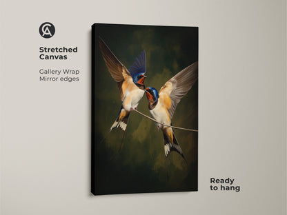 A stretched canvas gallery wrap print featuring realistic swallow bird art. This classical bird art adds nature to your walls. The brown blue and green canvas brings traditional home decor to life. Ready to hang wildlife artwork for sale. An animal art print gift for ornithology enthusiasts. Ideal housewarming gift art for bird lovers.