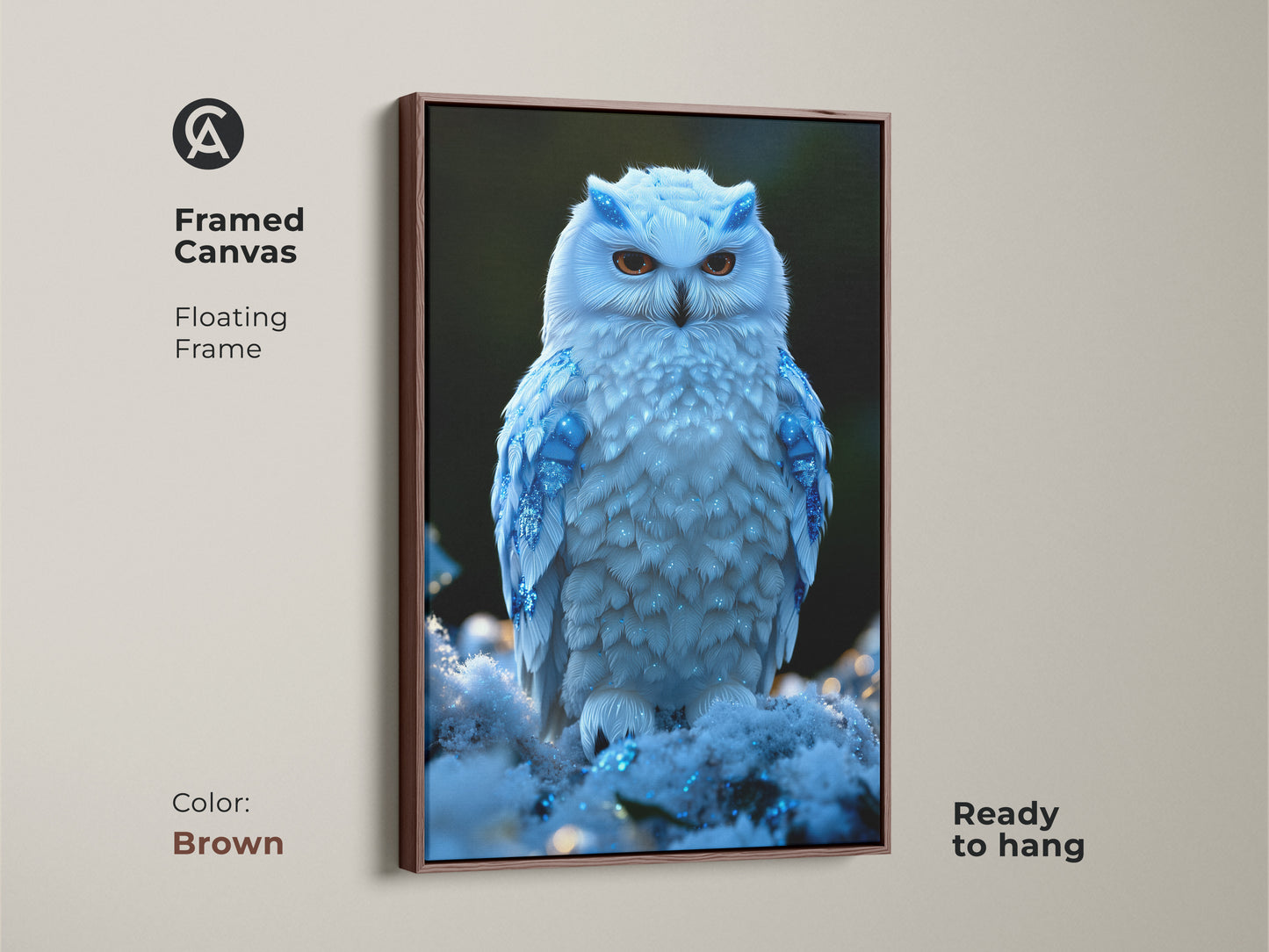 This framed canvas presents a winter owl art print with blue sparkling accents. The floating frame is a warm brown. This wildlife art is ready to hang. It is an ideal gift or a stunning addition to your wall art collection.