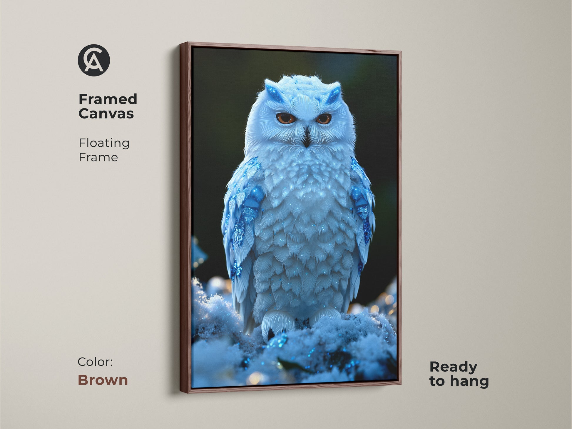 This framed canvas presents a winter owl art print with blue sparkling accents. The floating frame is a warm brown. This wildlife art is ready to hang. It is an ideal gift or a stunning addition to your wall art collection.