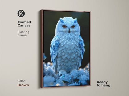 This framed canvas presents a winter owl art print with blue sparkling accents. The floating frame is a warm brown. This wildlife art is ready to hang. It is an ideal gift or a stunning addition to your wall art collection.