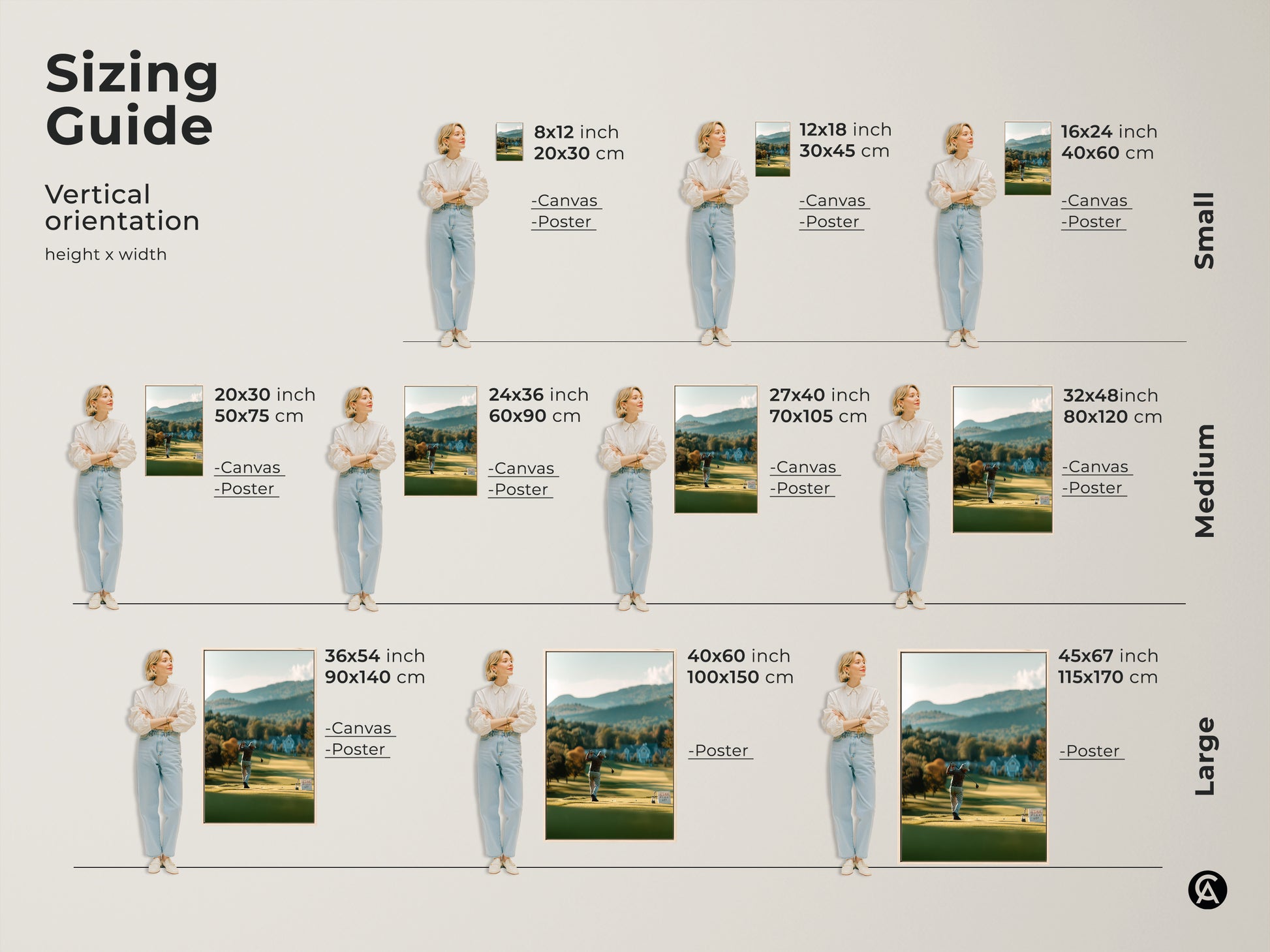 Find the perfect fit with our sizing guide for golf artwork. Vertical orientation options range from small to large sizes. Available as canvas or poster prints. Enhance your walls with the ideal piece.