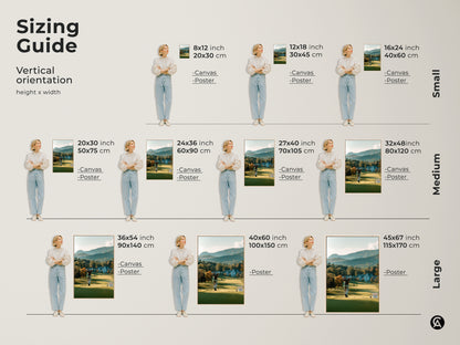 Find the perfect fit with our sizing guide for golf artwork. Vertical orientation options range from small to large sizes. Available as canvas or poster prints. Enhance your walls with the ideal piece.