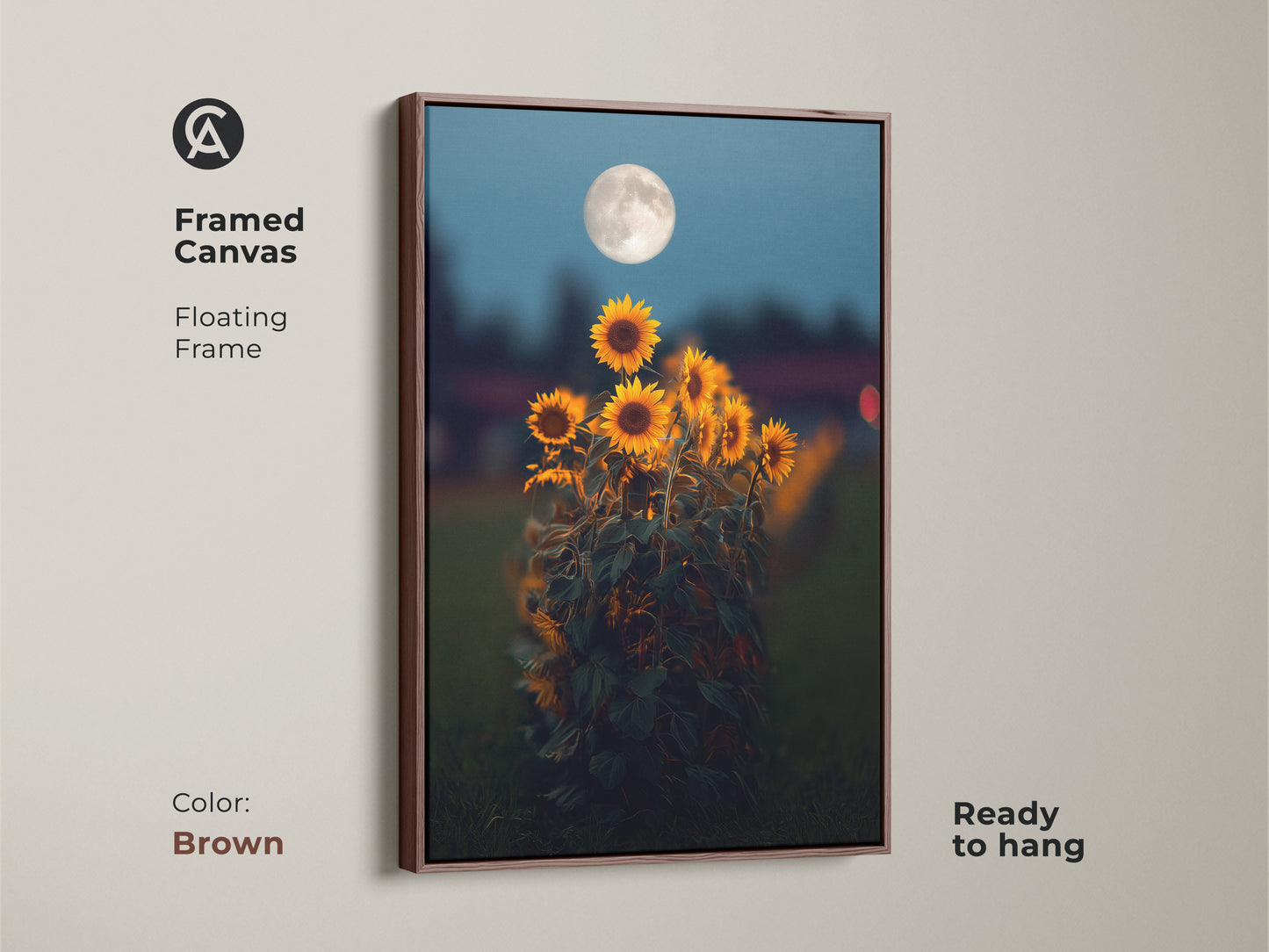 Framed canvas with a floating frame displaying sunflower moon art. The brown frame enhances the botanical wall art print. Dreamy yellow orange floral art with deep blue accents for boho decor. Ready to hang nature landscape art.
