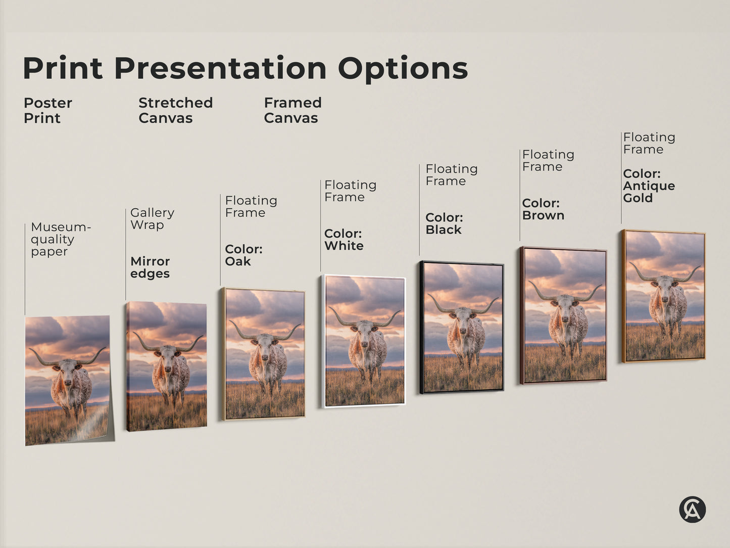 Explore Texas Longhorn print options. Choose from poster stretched or framed canvas. Select a floating frame in black brown white oak or antique gold. Find the perfect savanna sunset landscape for your farmhouse decor. Display museum-quality wildlife art.