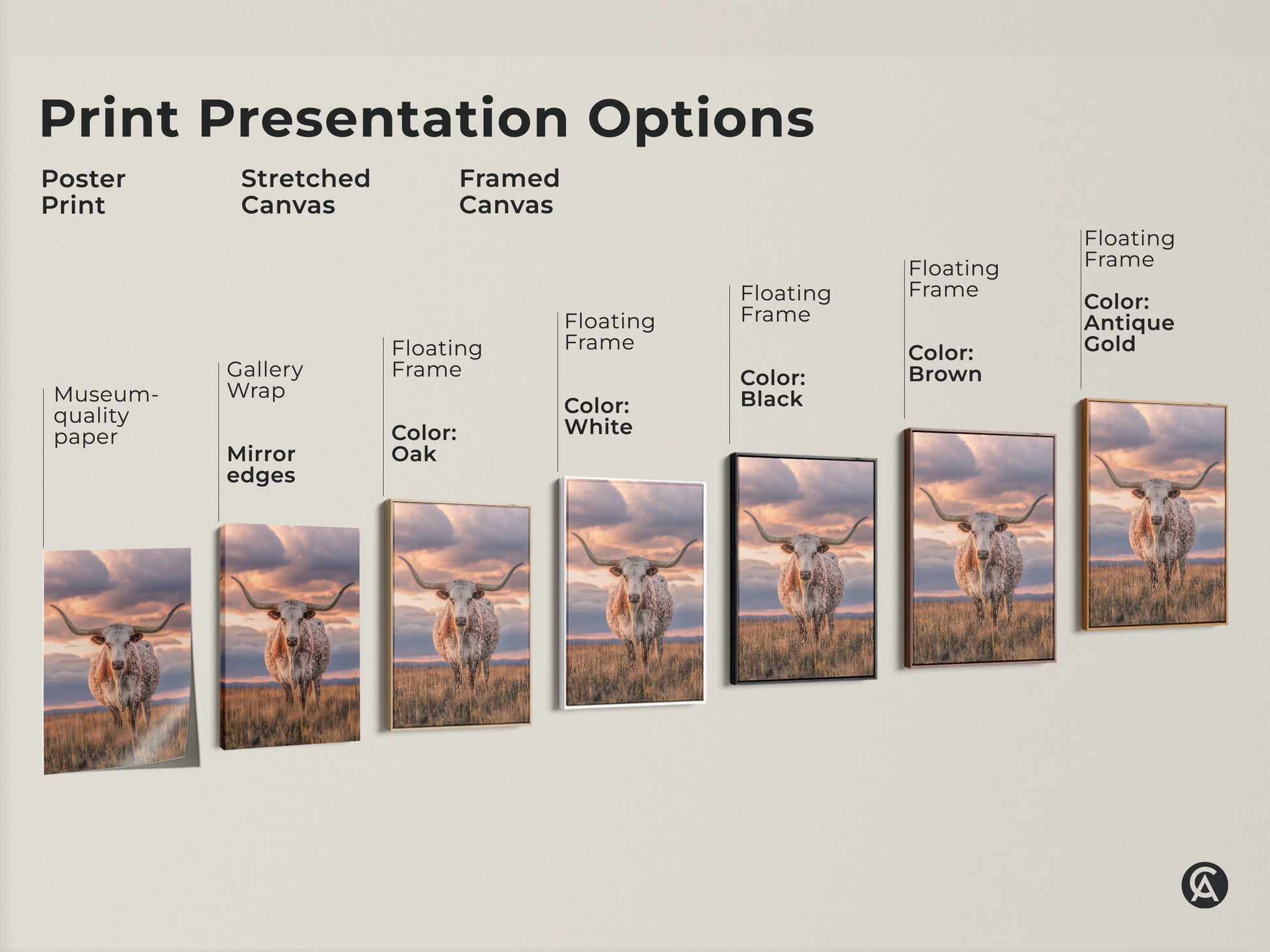 Explore Texas Longhorn print options. Choose from poster stretched or framed canvas. Select a floating frame in black brown white oak or antique gold. Find the perfect savanna sunset landscape for your farmhouse decor. Display museum-quality wildlife art.