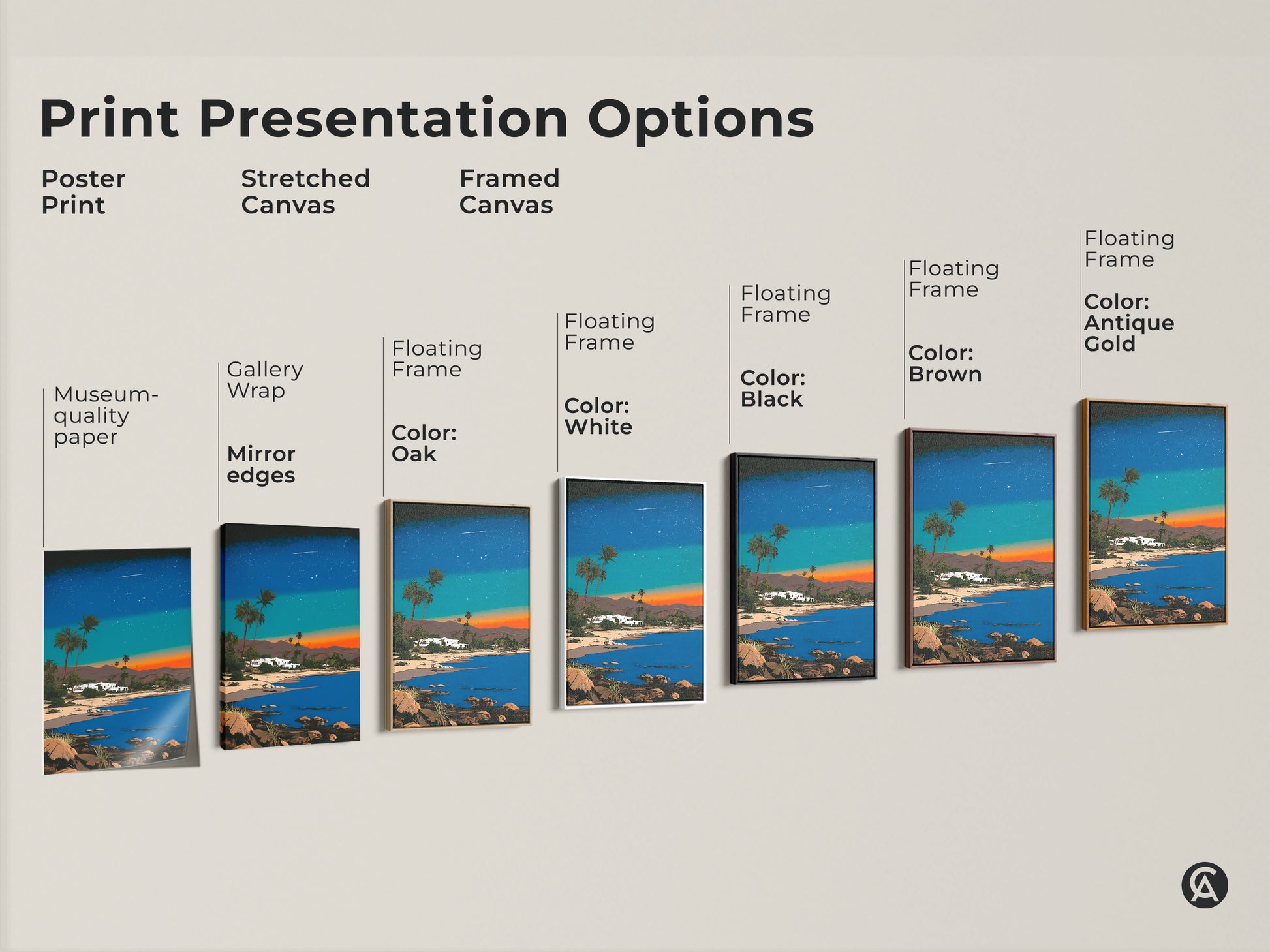 Explore print presentation options for this retro futurism piece. Choose from poster prints stretched canvas and framed canvas. Display palm trees beach house art in various styles to match decor.
