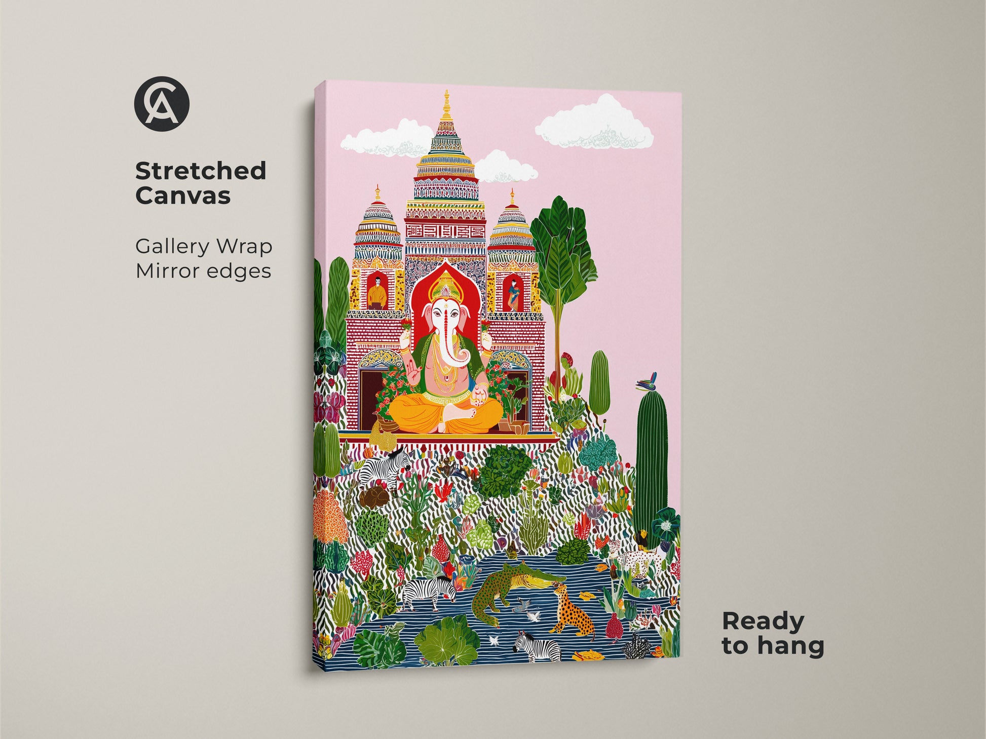 Stretched canvas showcasing Ganesha folk art. This gallery-wrapped spiritual artwork features mirror edges. Ready to hang this colorful botanical art brings eclectic zebra prints to life. Ideal Indian temple artwork for a vibrant home. Experience the detailed beauty today