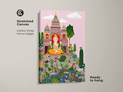 Stretched canvas showcasing Ganesha folk art. This gallery-wrapped spiritual artwork features mirror edges. Ready to hang this colorful botanical art brings eclectic zebra prints to life. Ideal Indian temple artwork for a vibrant home. Experience the detailed beauty today