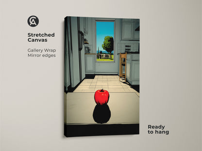 A vibrant art print of an apple in a kitchen. This stretched canvas is ready to hang. The gallery wrap has mirror edges. A great piece of art to add to your home or office decor.