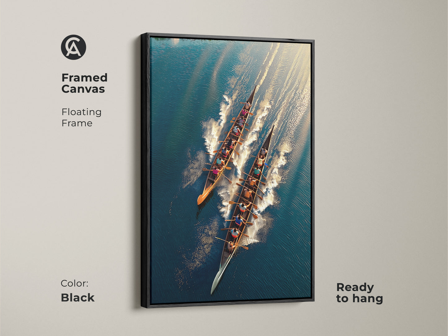 Framed canvas featuring a black floating frame showcases rowing team art. The aerial view sports art embodies teamwork and competition. Ready to hang. Perfect for office wall decor. The teal blue and gold tones add sophistication. Ideal for rowers and sports enthusiasts.