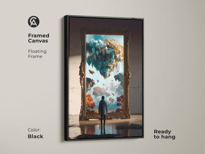 Framed canvas art showcasing a surreal dreamscape. This floating frame is in black. It is ready to hang. The teal and orange artwork brings fantasy to your space.
