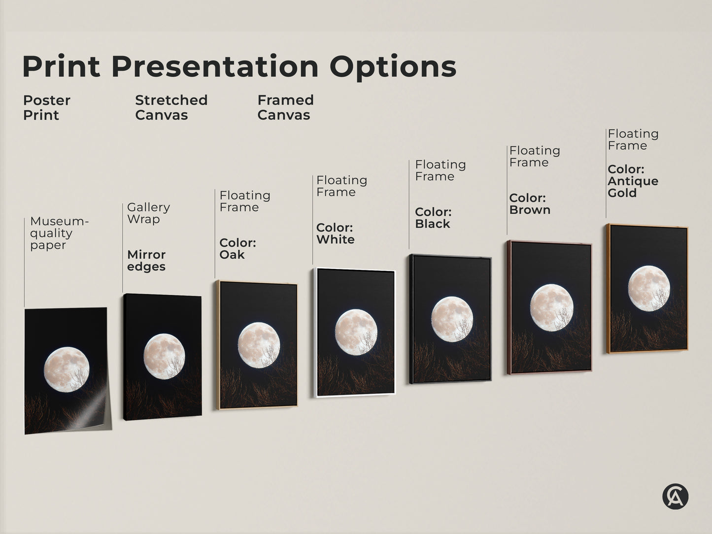 Explore moon art print presentation options. Choose from poster prints stretched canvas and framed canvas. Select a floating frame in oak white black brown or antique gold. Find the perfect style.