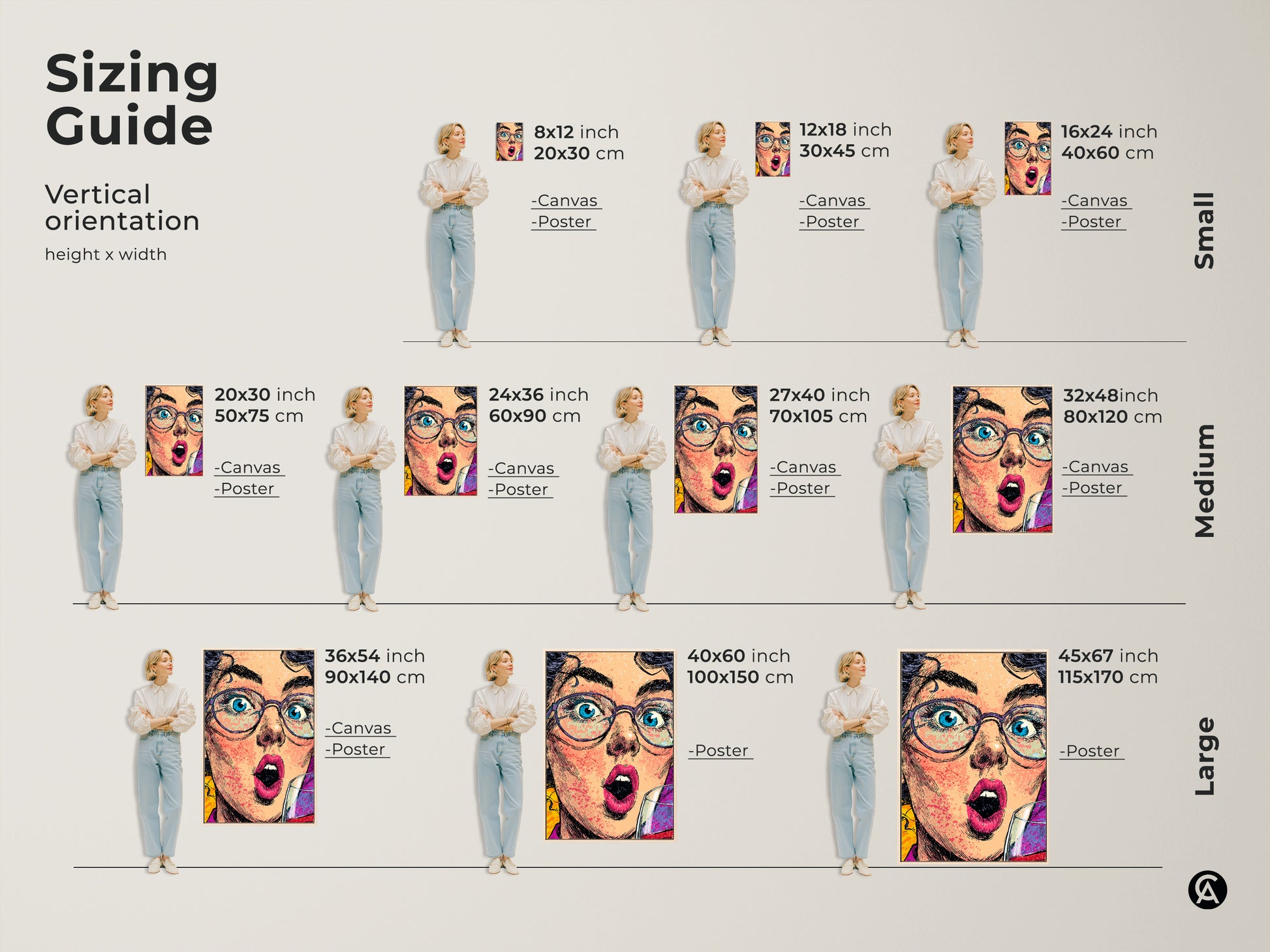 Sizing guide for the vertical orientation of this pop artwork print. Choose from canvas or poster options in various sizes. Find the perfect fit for your space whether small medium or large. This artwork is perfect as a wine lover gift.