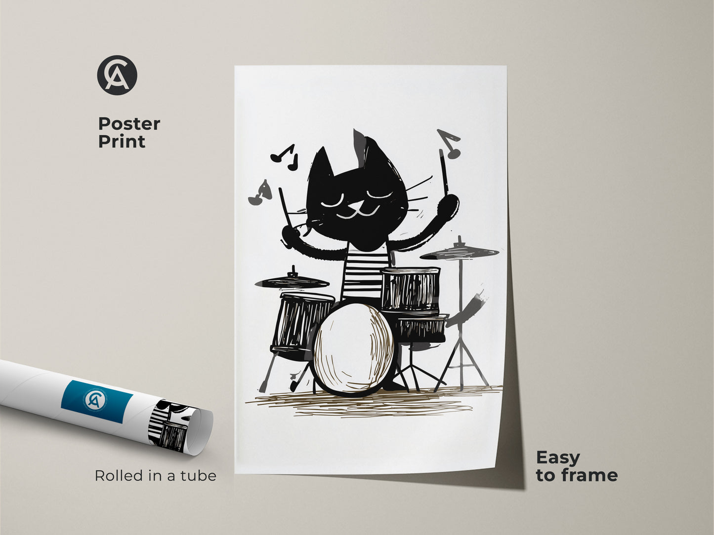Poster Print featuring a cat playing drums. Black and white cat art print rolled in a tube. This music lover gift idea is great for kids room animal decor. Eclectic home art is easy to frame.
