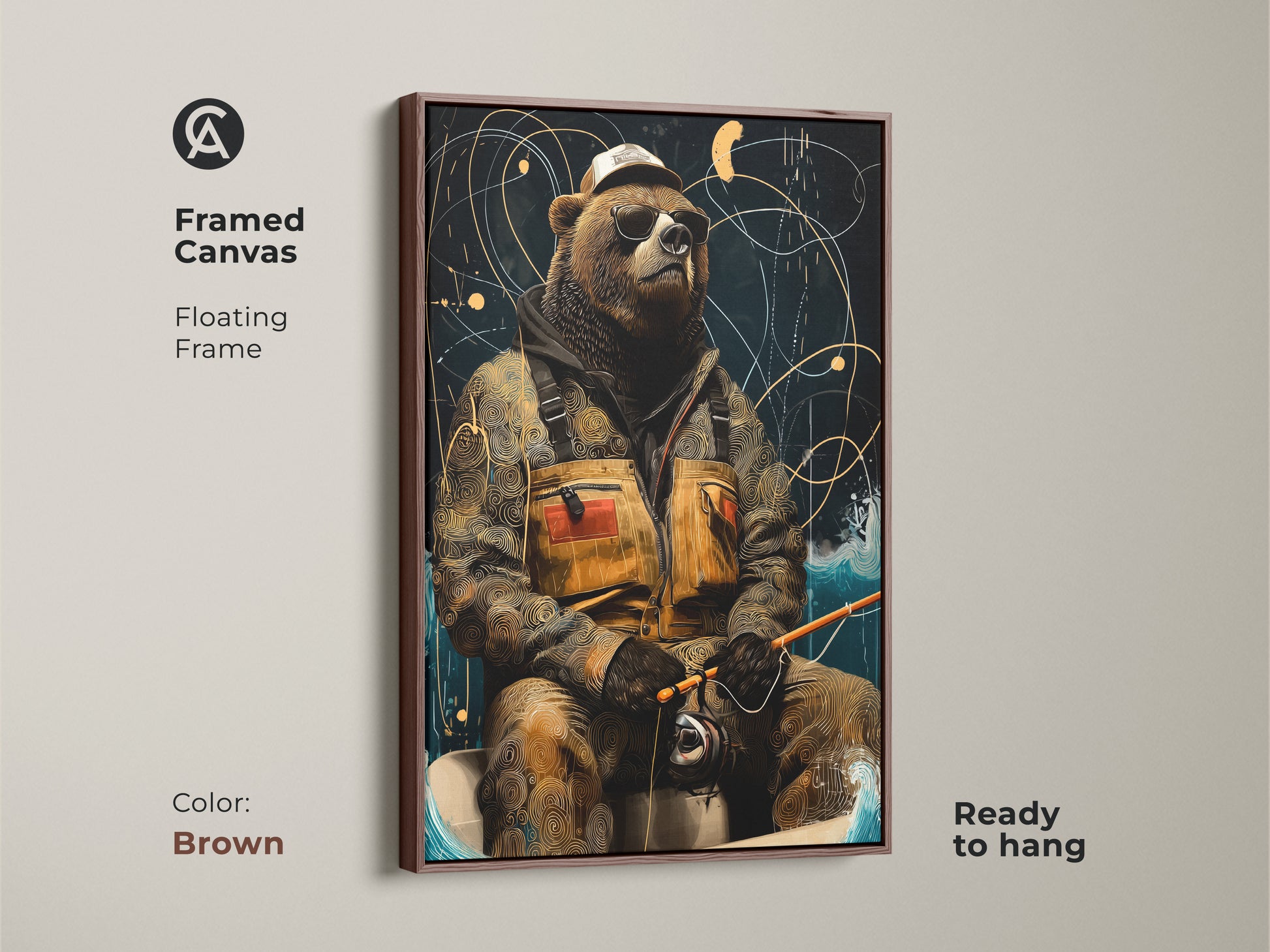 This framed canvas features a retro bear angler print. The cool bear is wearing sunglasses. It is ready to hang in a floating brown frame. The eclectic animal artwork is brown gold and navy.