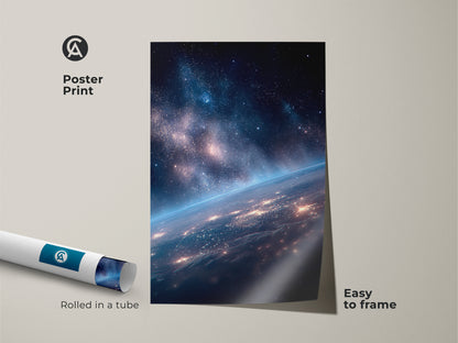 Poster print of Earth from space art. The poster is rolled in a tube for protection. It is easy to frame this museum-quality paper print. Add this space art to your collection. It is a unique statement piece.