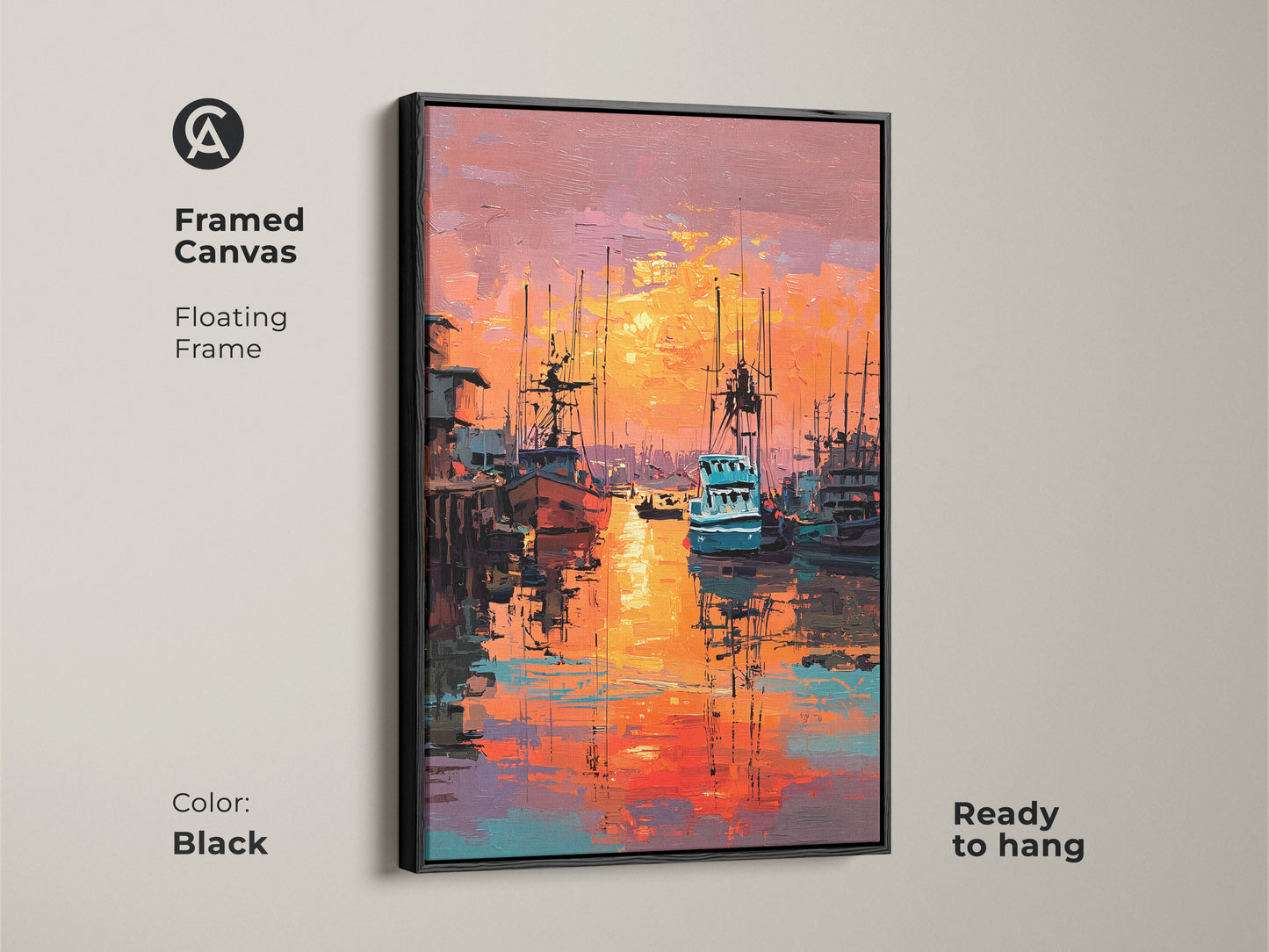 Framed in sleek black this canvas artwork features a stunning harbor sunset. The floating frame enhances the vibrant colors of the oil painting. Ready to hang this piece adds a touch of nautical art to any room. The reflections shimmer.