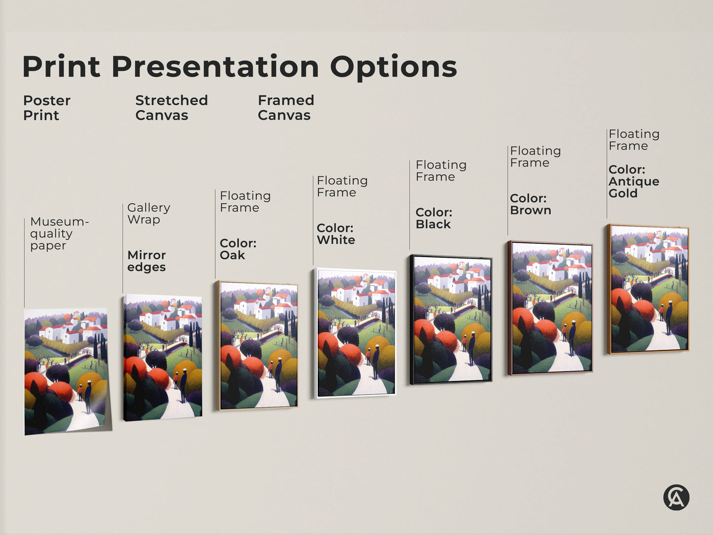 Print presentation options for folk art village artwork. Choose from poster print stretched canvas or framed canvas. Floating frame options include oak white black brown and antique gold.