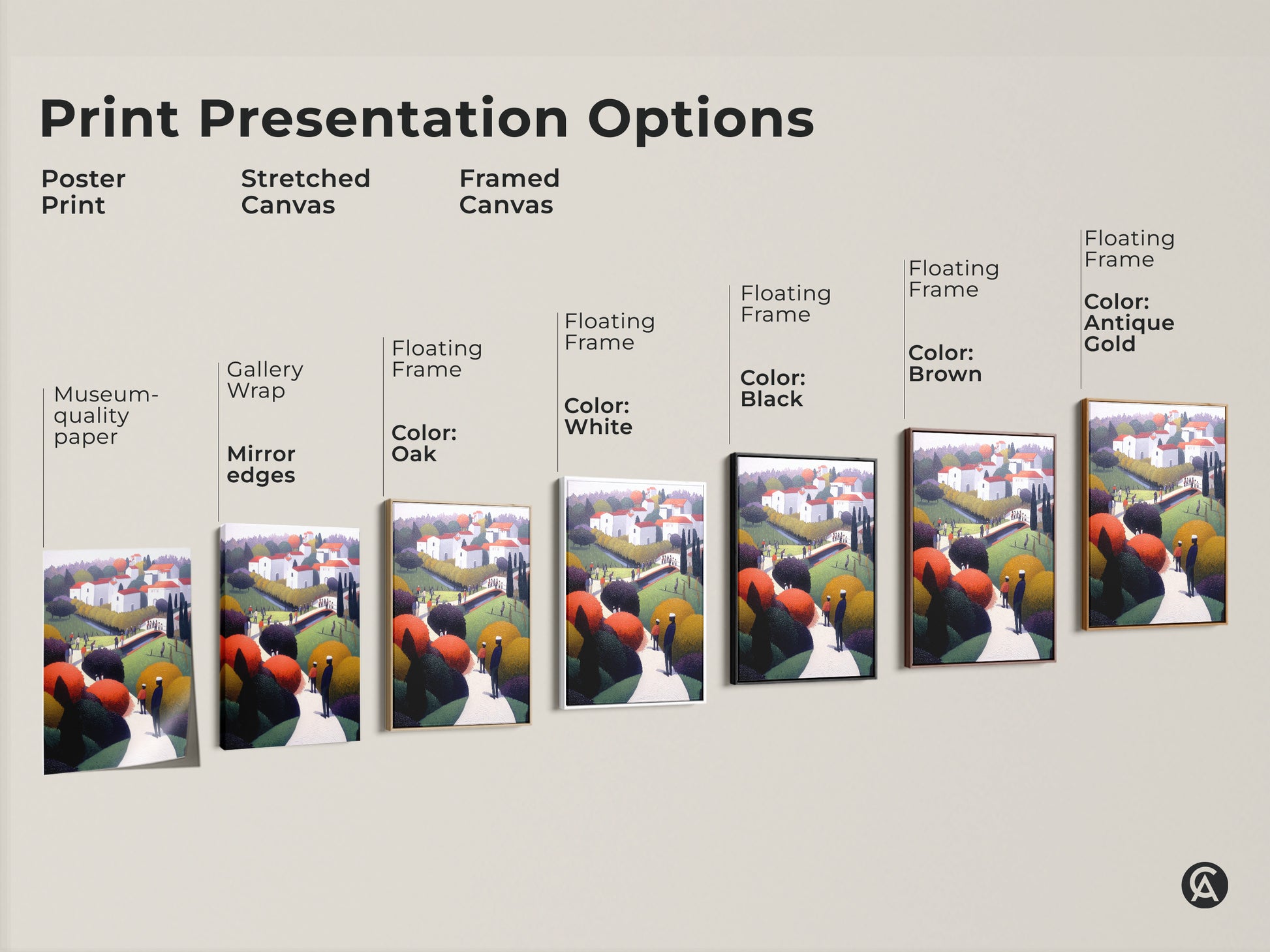 Print presentation options for folk art village artwork. Choose from poster print stretched canvas or framed canvas. Floating frame options include oak white black brown and antique gold.