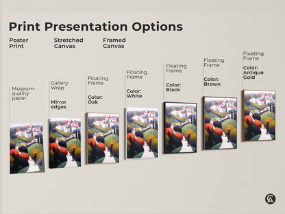 Print presentation options for folk art village artwork. Choose from poster print stretched canvas or framed canvas. Floating frame options include oak white black brown and antique gold.