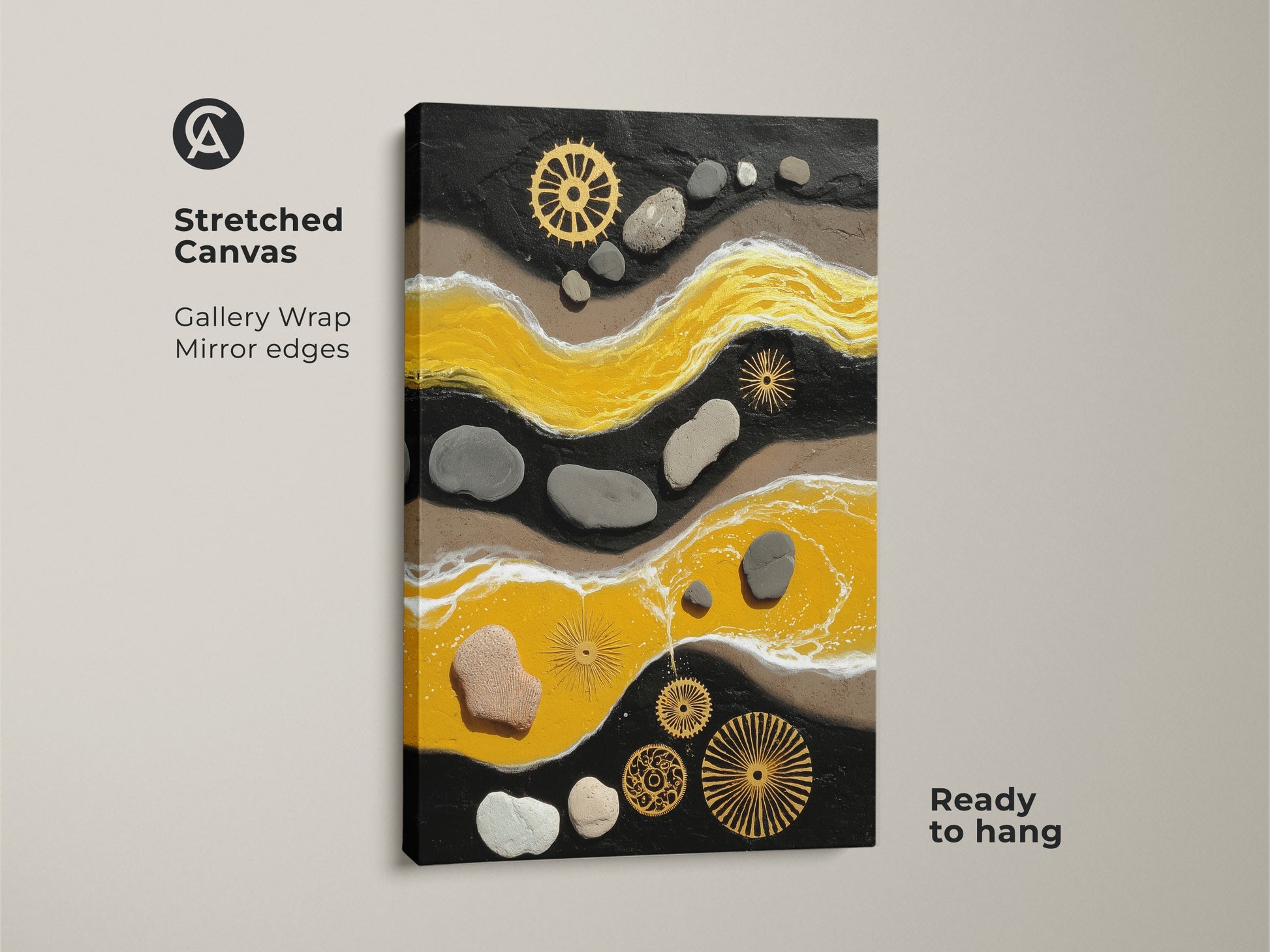 Stretched canvas showcasing yellow and black abstract artwork. The textured print includes pebble and gear art. It is a unique wall hanging for an eclectic living room. Ready to hang with gallery-wrapped edges.