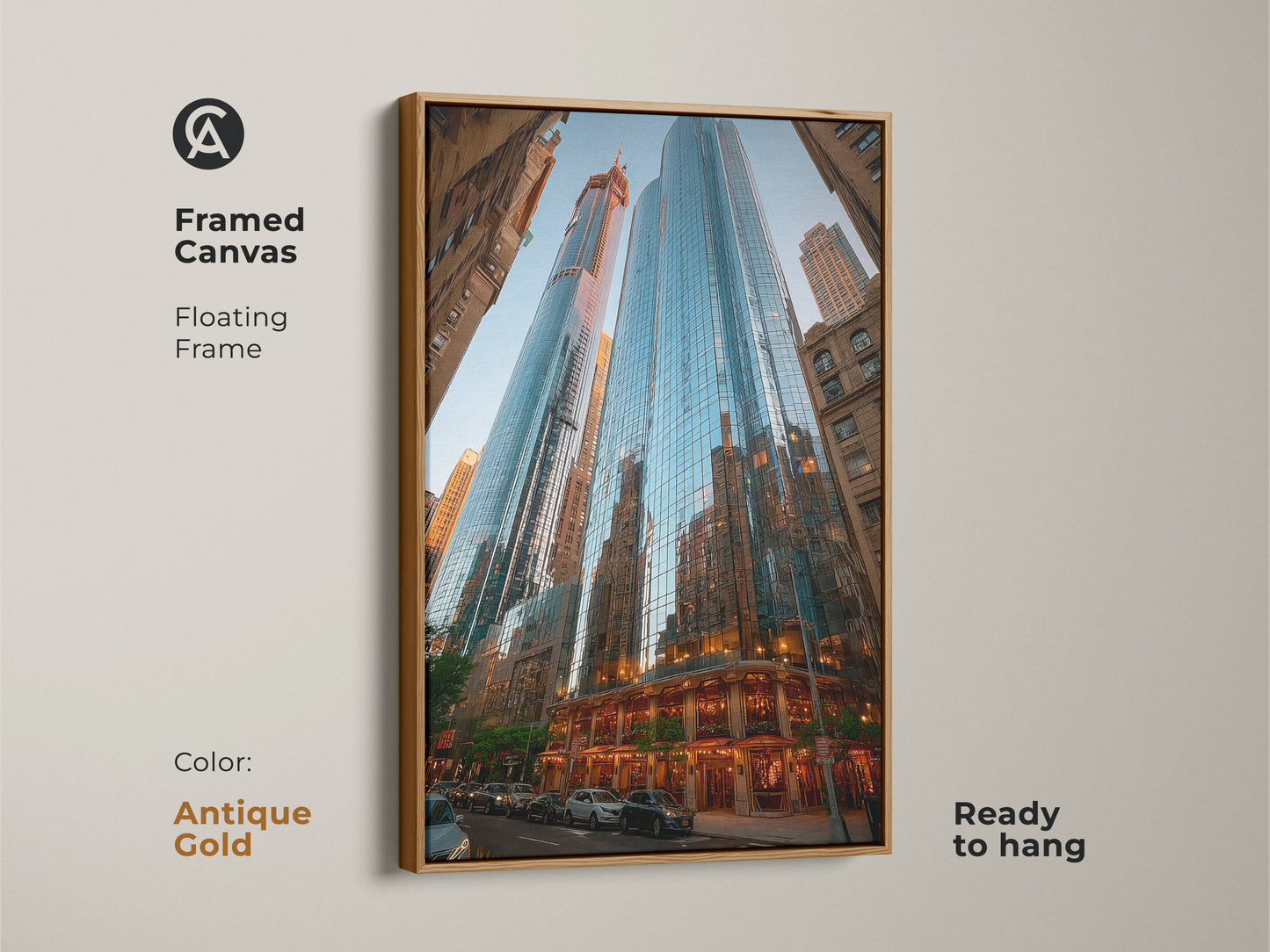 Framed canvas with blue cityscape artwork. The modern skyscraper canvas features a floating antique gold frame. This contemporary architecture decor is ready to hang. Perfect for business office wall art. A housewarming cityscape print.
