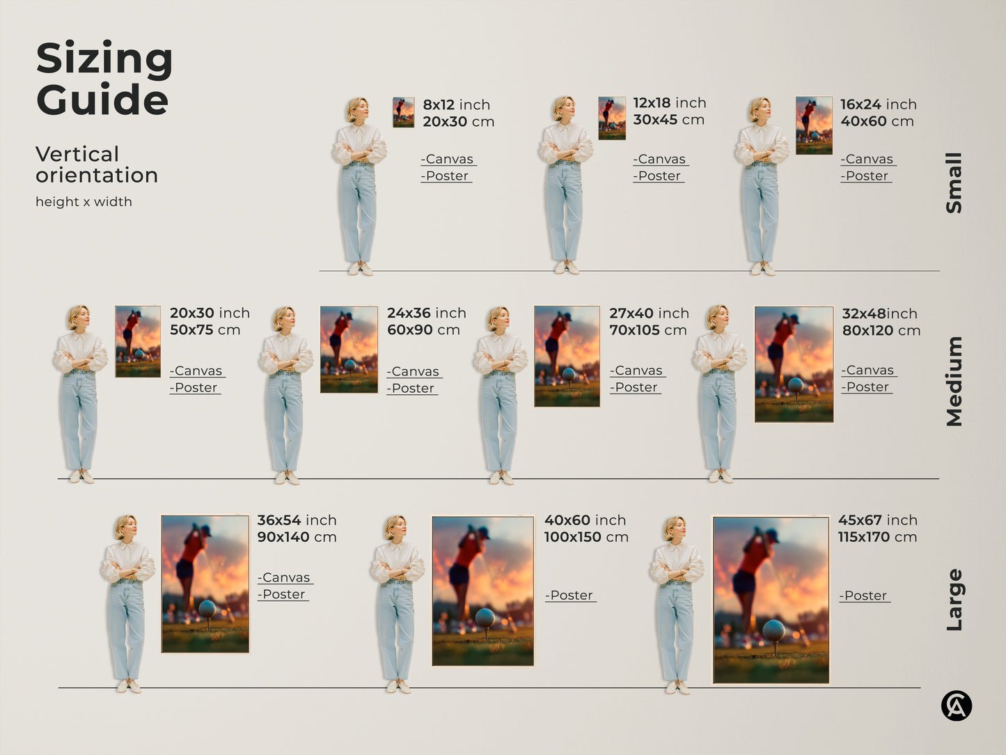 Sizing guide for golf art prints. Vertical orientation in various sizes. Options available in canvas or poster print. Small medium and large sizes. Find the perfect fit for your wall decor. Golf art to enhance your space today. Perfect for sports fans